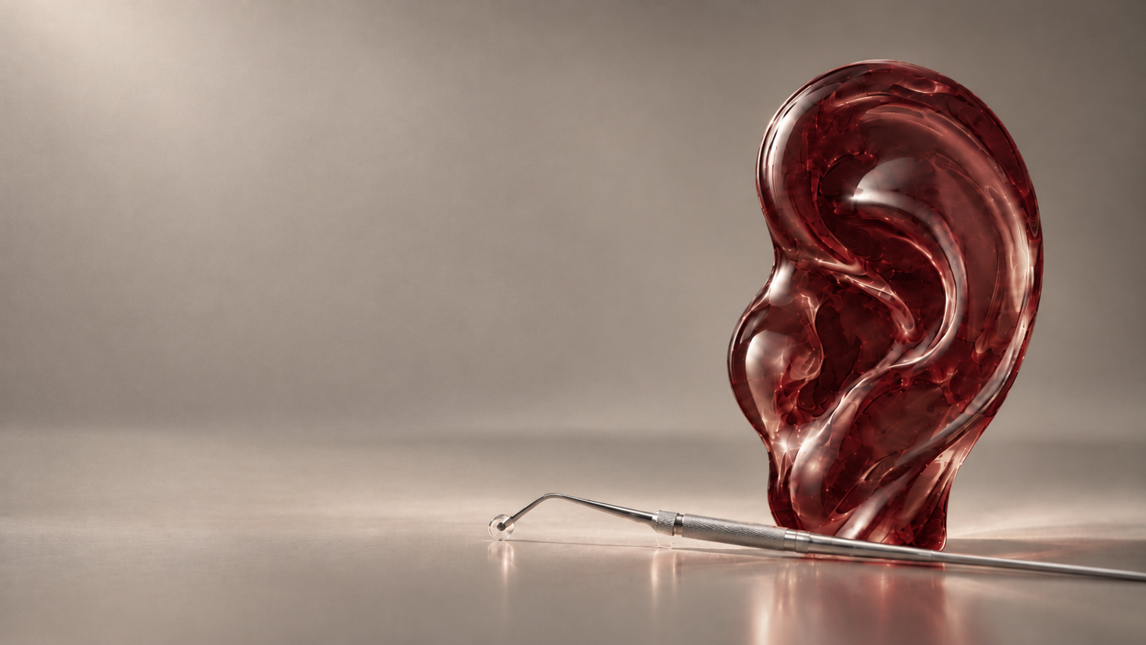 Ruby-red sculptural glass ear displayed on a marble pedestal alongside a microsuction instrument, representing FERATA's professional ear wax removal service.